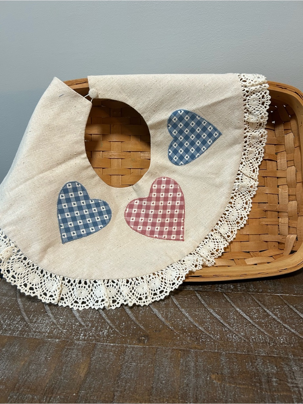 Cream Lace Baby Bib with Blue and Pink Gingham Hearts